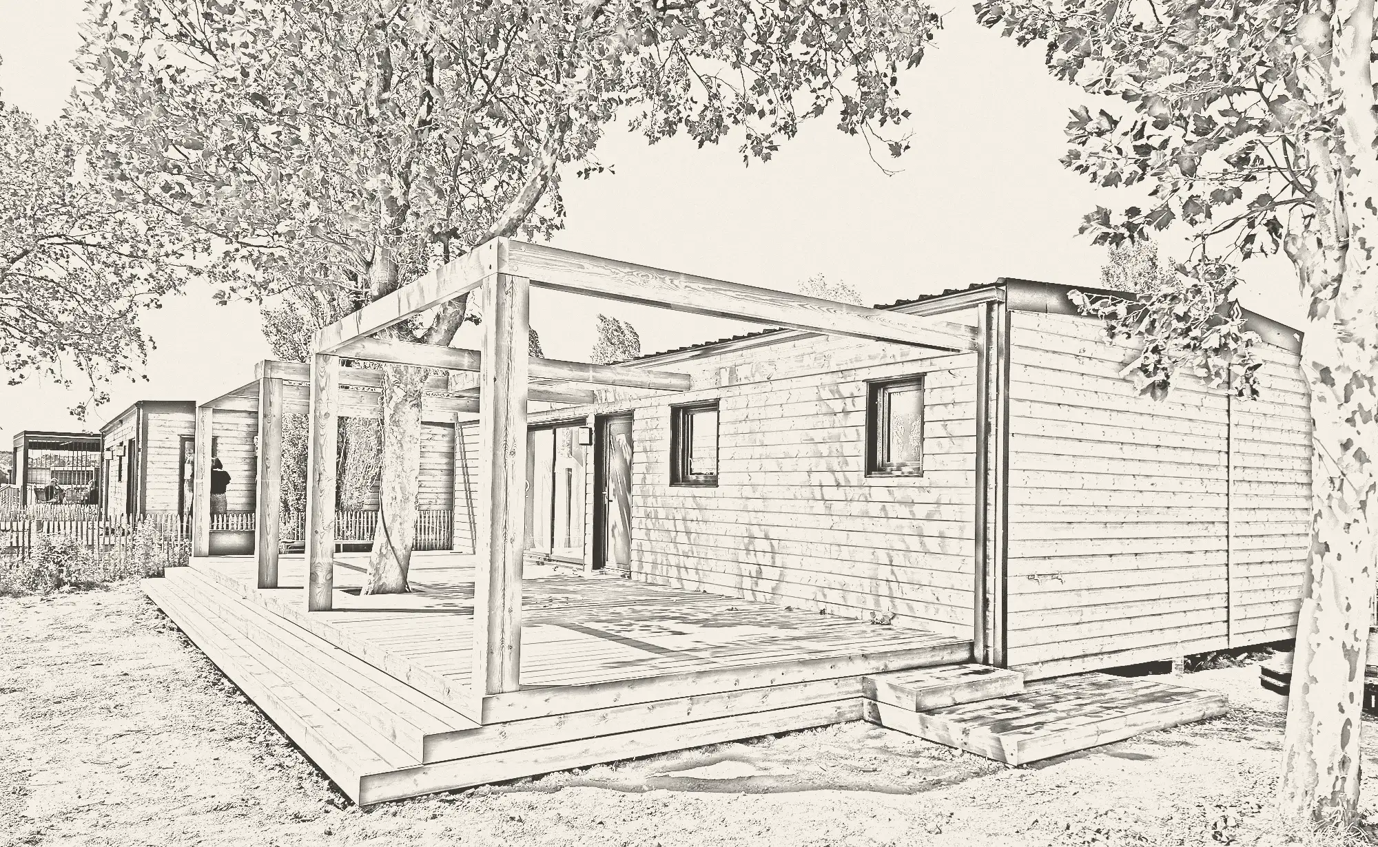 Croquis au crayon d'une terrasse bois avec pergola devant un chalet